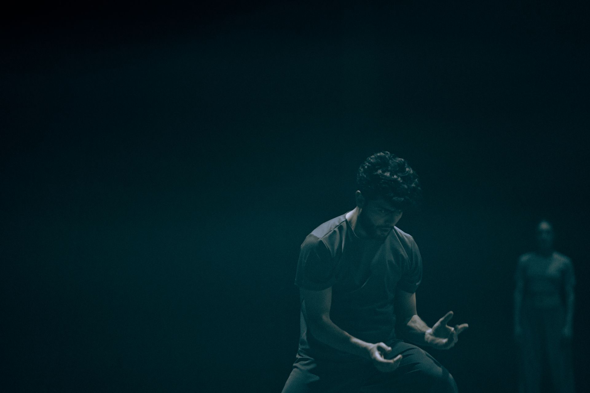 A dancer mid-movement on a dark stage, another figure watching from the shadows