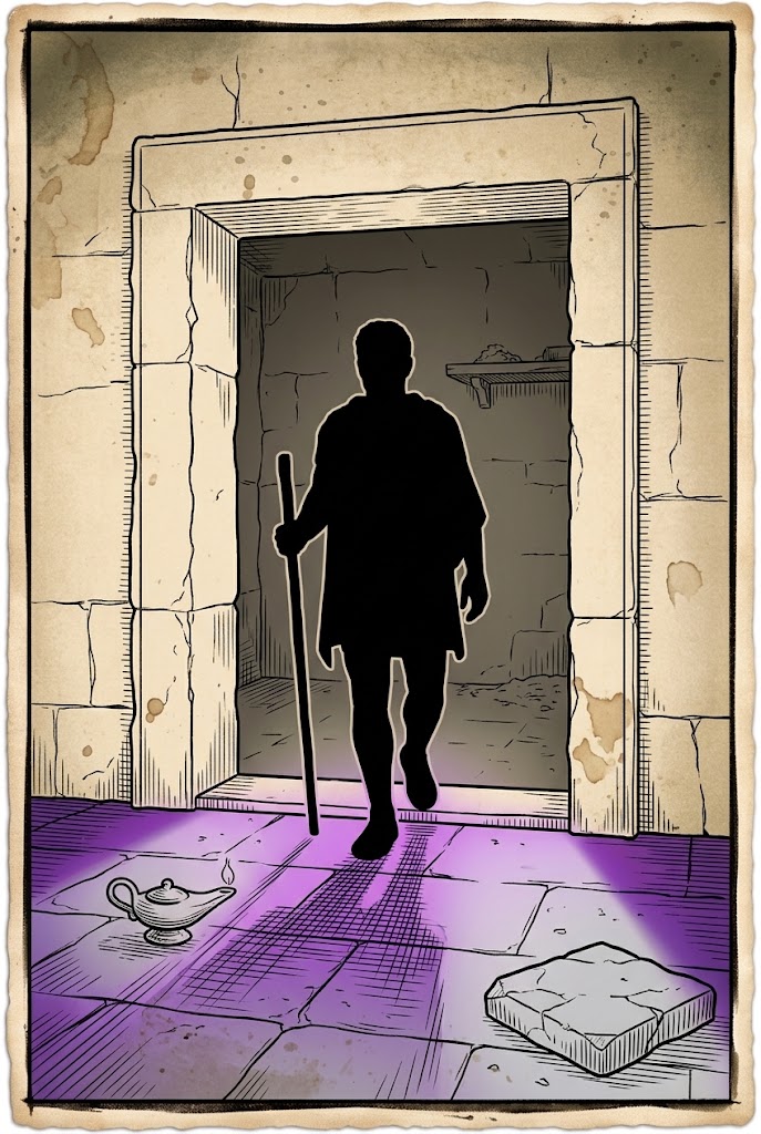 A silhouetted figure walking through a corridor toward warm light