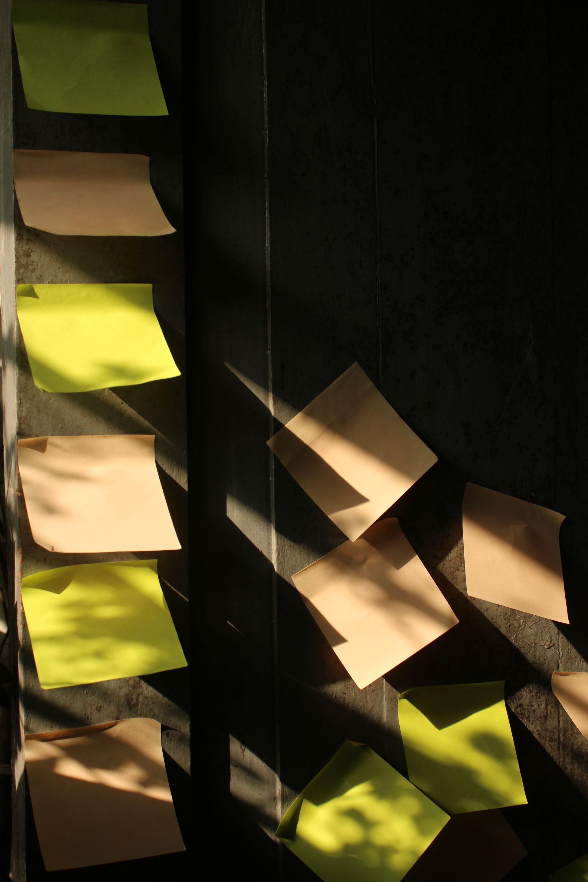 Notes pinned to a dark wall in raked light, a plan taking shape