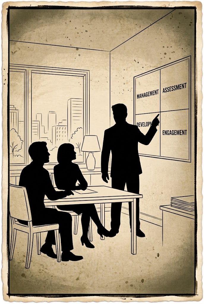 A consulting team working late in a glass-walled office, seen from outside against the dark