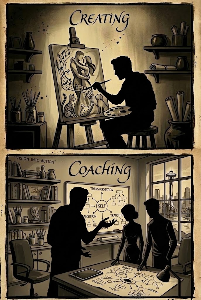 Illustrated two-panel piece: a silhouetted artist painting at an easel labeled Creating, and a coach presenting a Self, Transformation, Transition model to two clients labeled Coaching