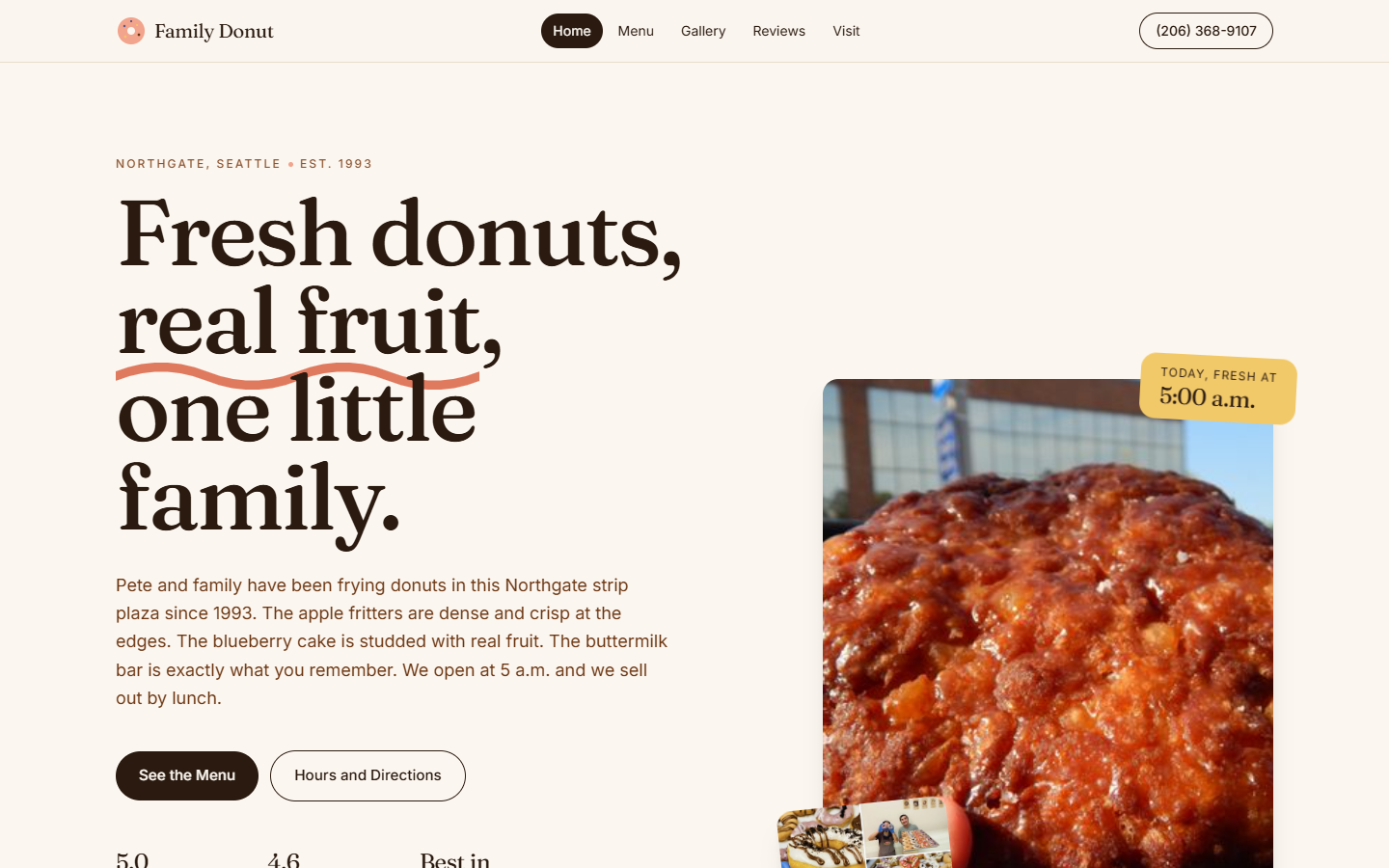 Family Donut website with editorial headline and warm donut photography