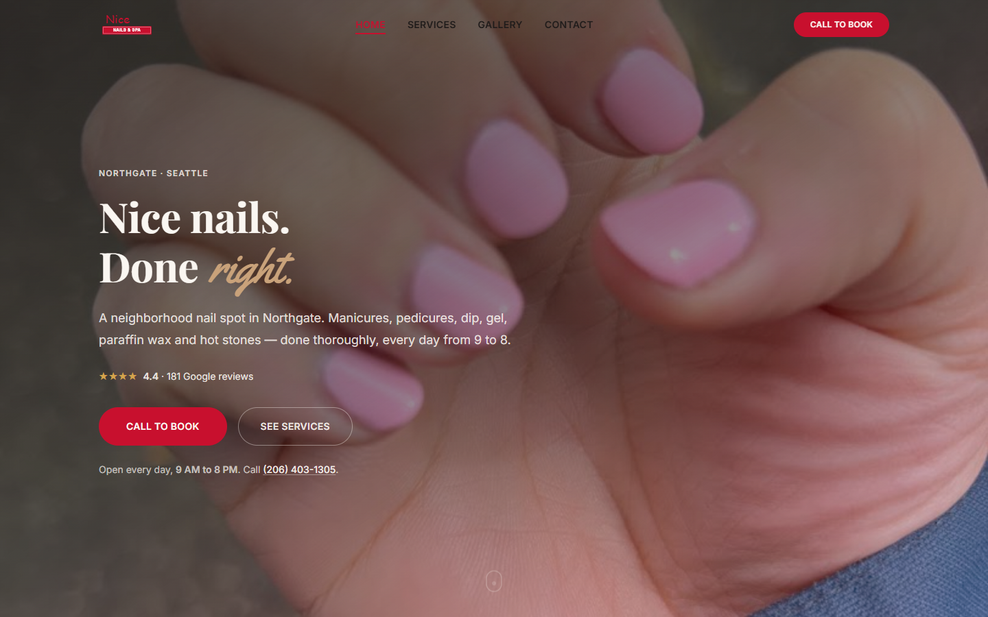 Nice Nail and Spa website with manicure photography and clear booking CTA