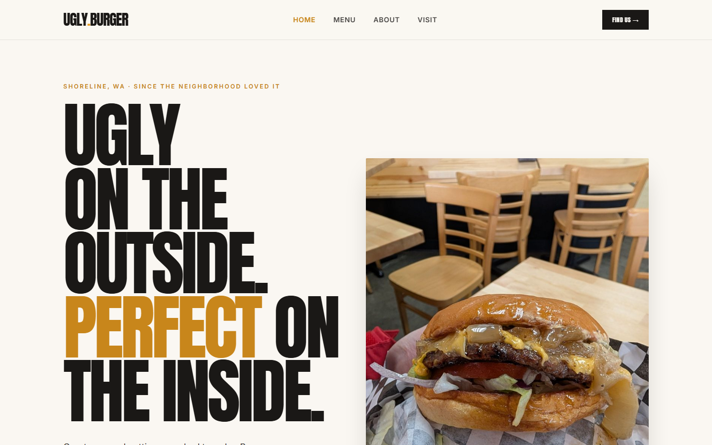 Ugly Burger website hero featuring bold typography and a juicy burger photo